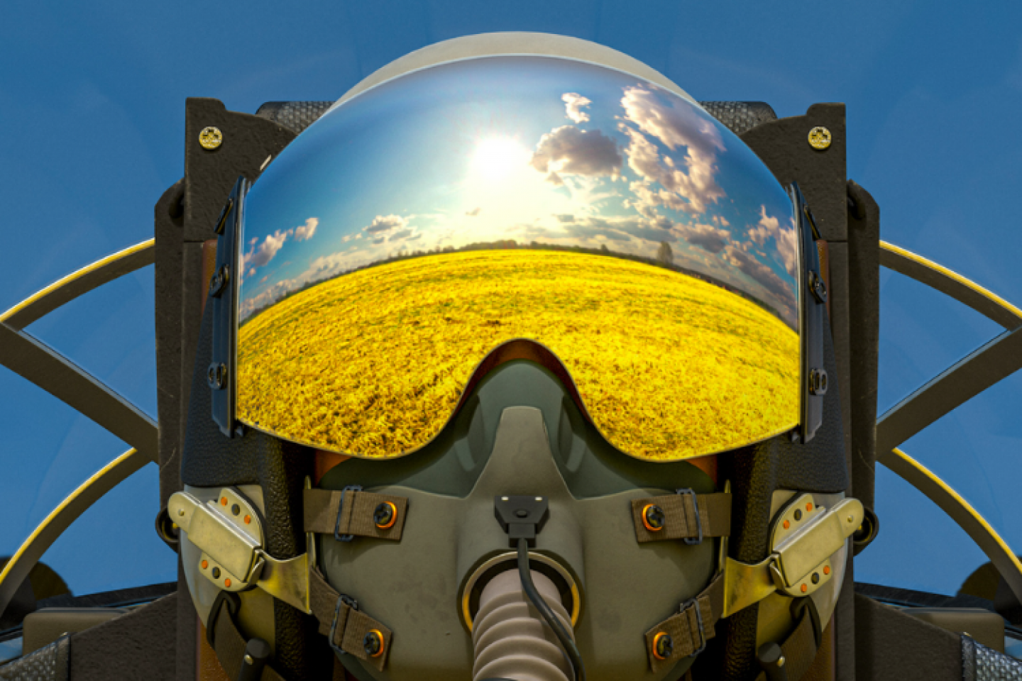 Command Charge Jet Pilot mask with canola field reflection