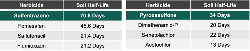 Table displaying Herbicides and Soil Half-lifes